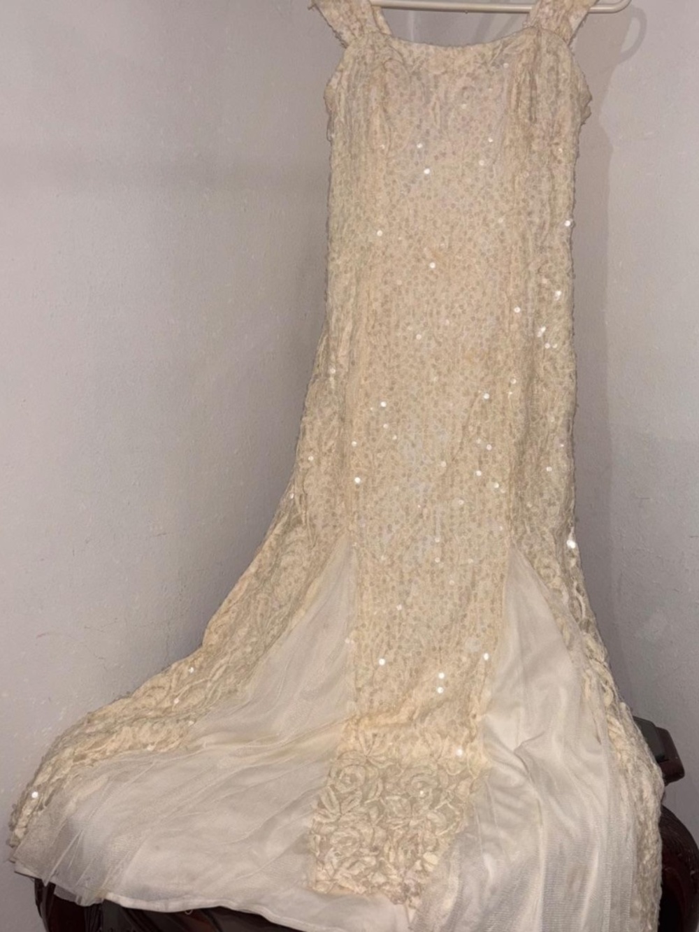 Beige sequin tailored dress with fabric design at ends!